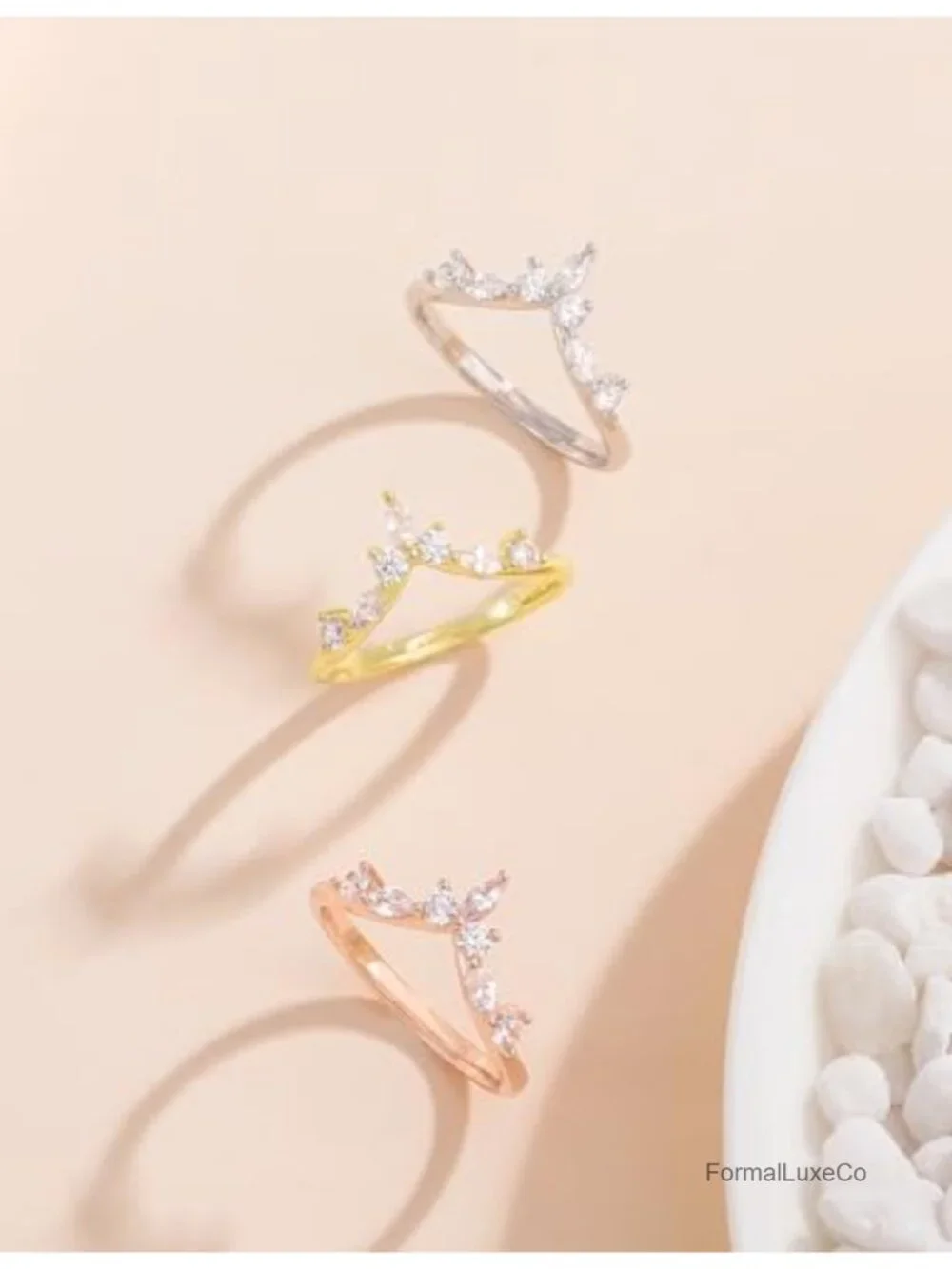 14K Gold Plated CZ Curved V Shaped Stacking Ring